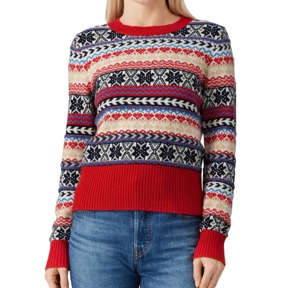 J Crew Fair Isle Lambswool Blend Crew Neck Sweater Women's XXL Red Navy
